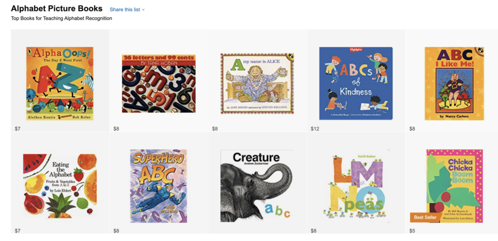 Alphabet letter recognition books